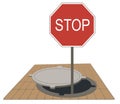 Sign board Ã¢â¬ÅStopÃ¢â¬Â warning about open sewer manhole